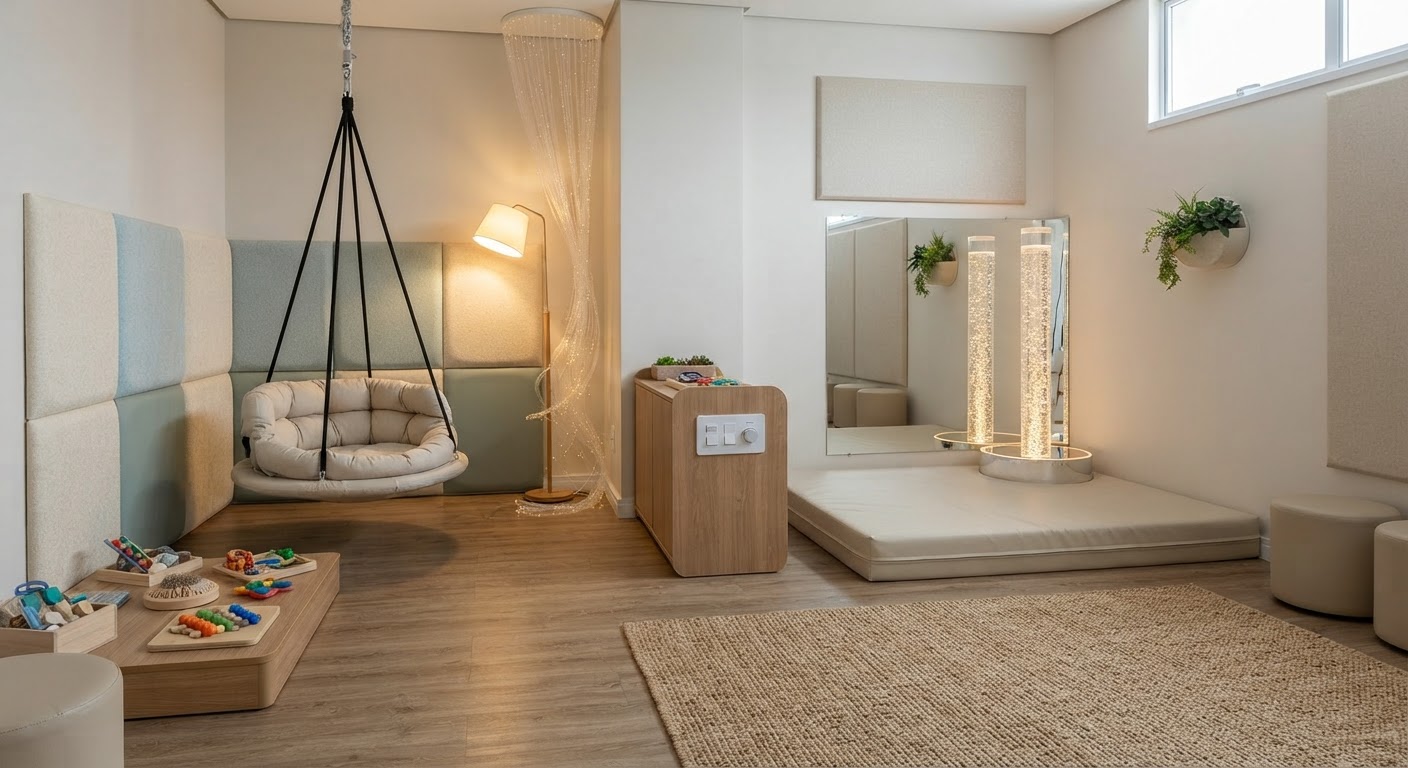 Espaço de relaxamento em sala sensorial com almofadas macias e iluminação indireta.
