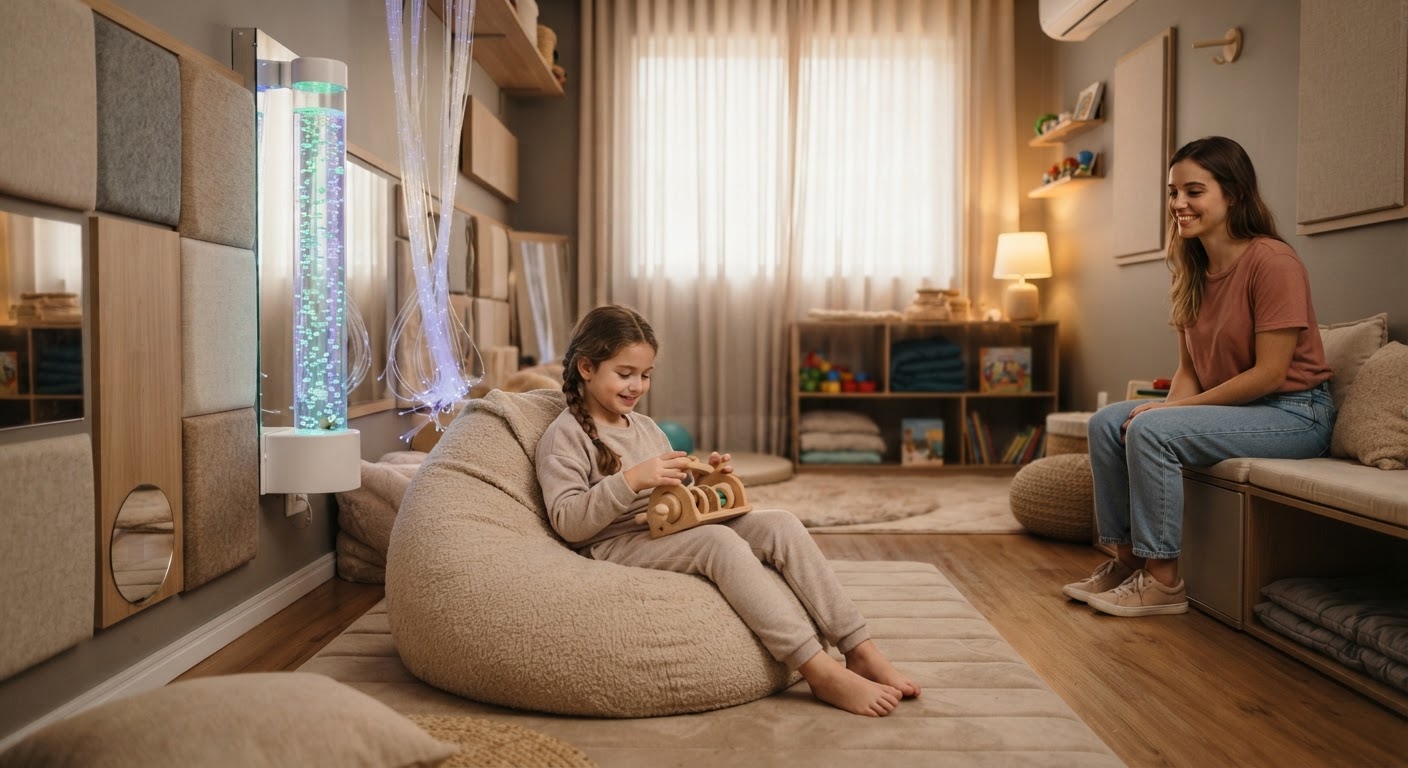 Pessoa em um espaço sensorial, utilizando elementos para autorregular suas emoções.