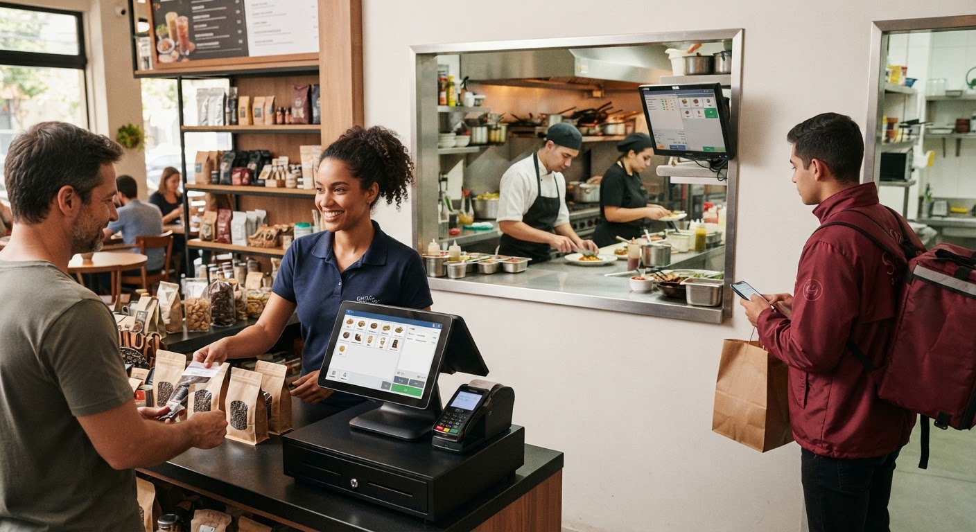 Garçom utilizando terminal portátil para registrar pedidos de clientes direto na mesa.