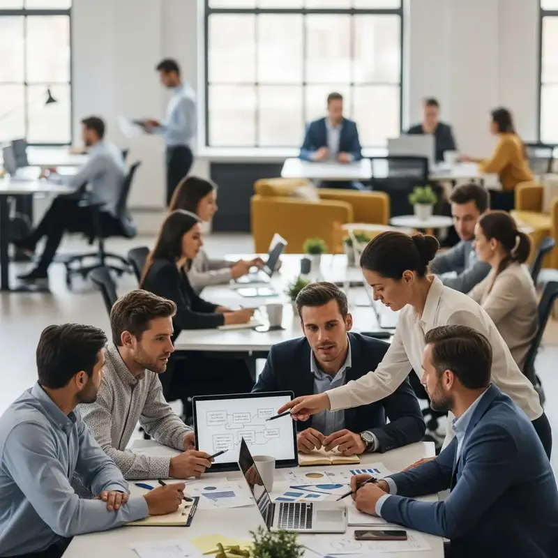 Ícones representando diferentes áreas de consultoria, como finanças, operações e direito.