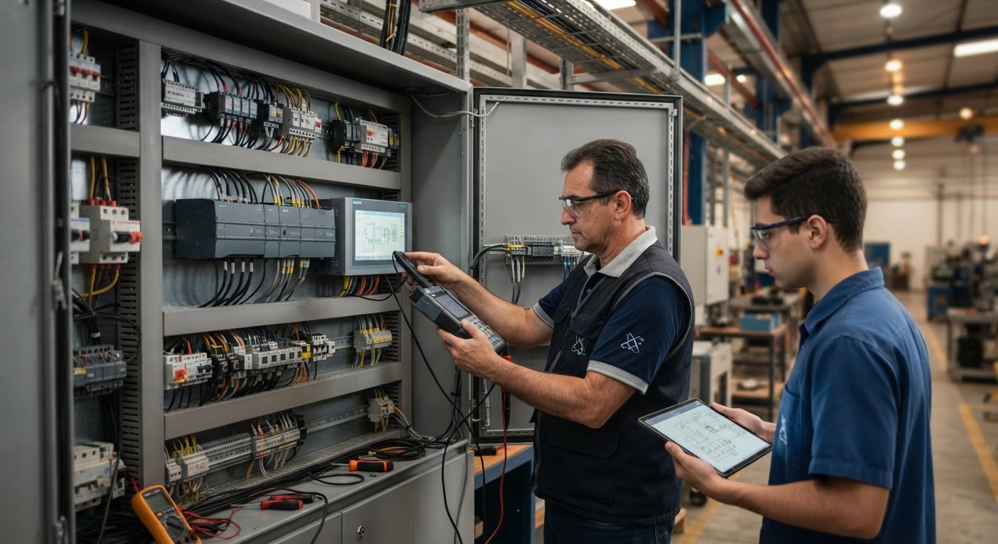 Vista aproximada de fiação organizada em painel elétrico industrial com cabos coloridos identificados