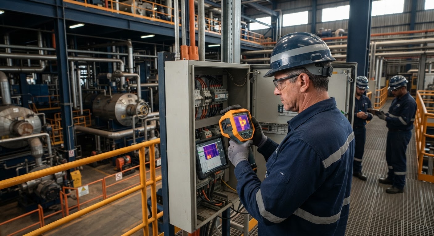 Exibição de imagem termográfica de um disjuntor industrial apontando zonas de alta temperatura para correção