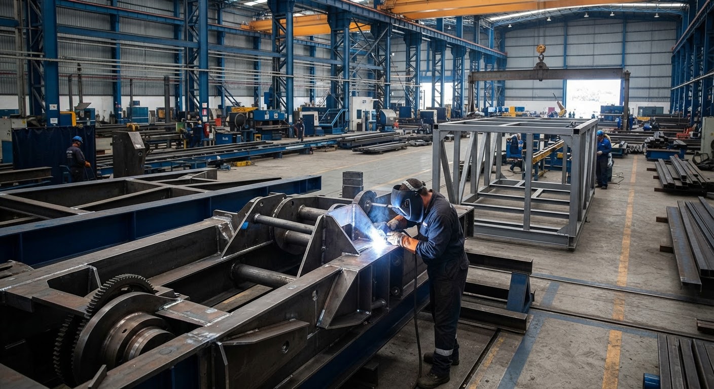Maquinário moderno de corte de aço e precisão em detalhe industrial interno