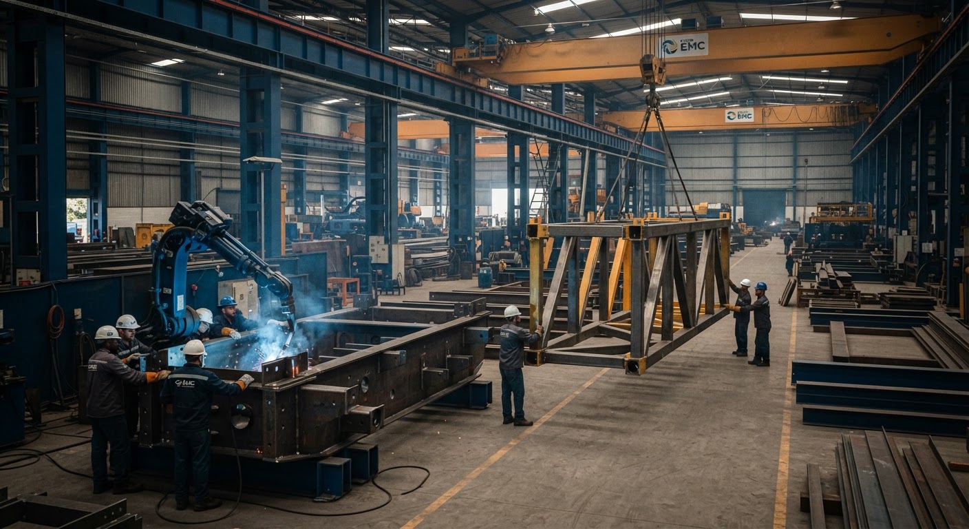 Maquinário industrial pesado de mineração posicionado no pátio fabril da metalúrgica