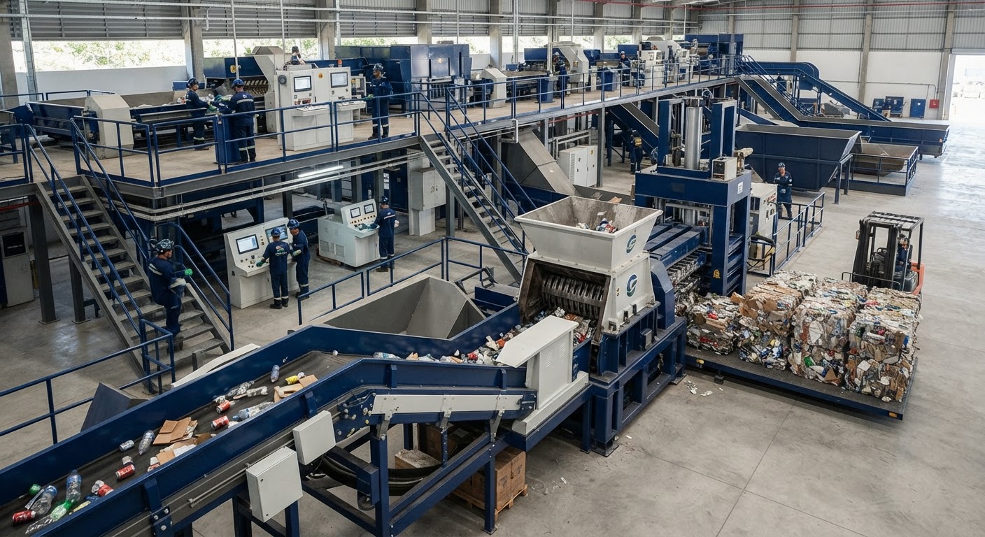 Maquinário industrial de prensa e compactação de fardos plásticos em galpão logístico do Grupo EMC do Brasil