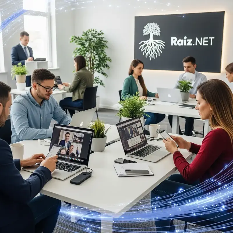 Pessoas trabalhando em um escritório moderno, com computadores conectados.