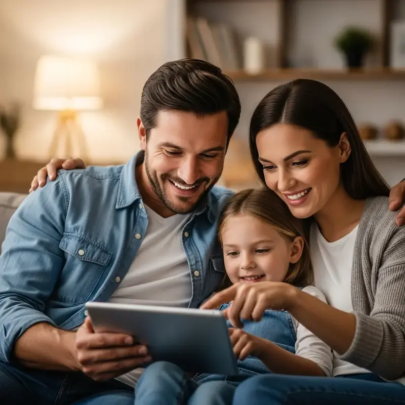 Família usando notebooks e tablets em casa, com internet rápida.