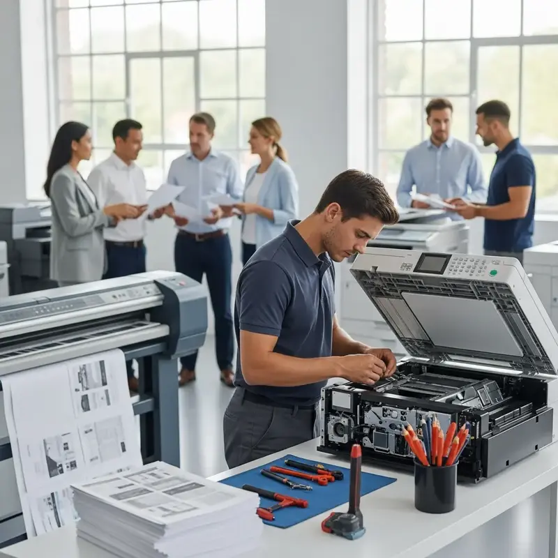 Mãos de um técnico ajustando componentes internos de uma impressora
