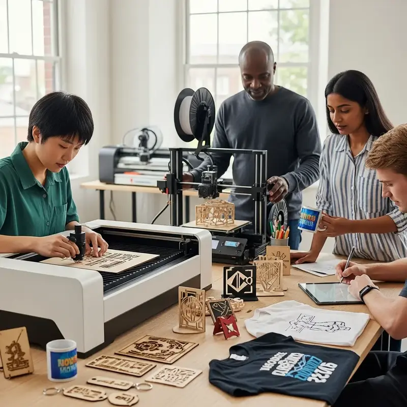 Diversas ferramentas e máquinas de personalização, como impressora 3D, máquina de corte a laser e prensa de sublimação.