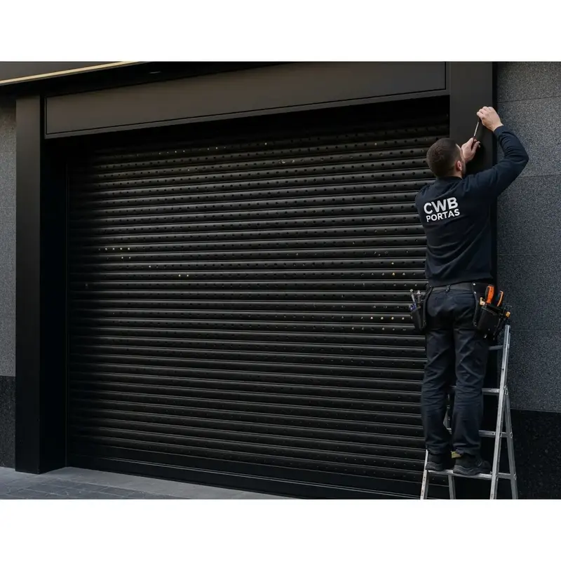 Profissional realizando manutenção em motor de porta automática