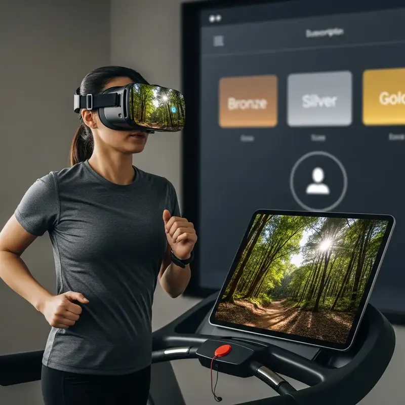 Pessoa usando óculos de realidade virtual em uma esteira, imersa em um cenário natural.