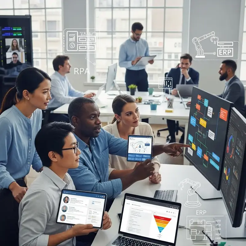 Diagrama de fluxo de trabalho digital com ícones de nuvem, engrenagens e pessoas, representando transformação digital.