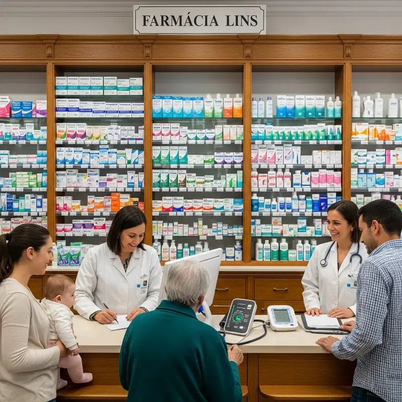 Diversos frascos de medicamentos em uma prateleira de farmácia, bem organizados.