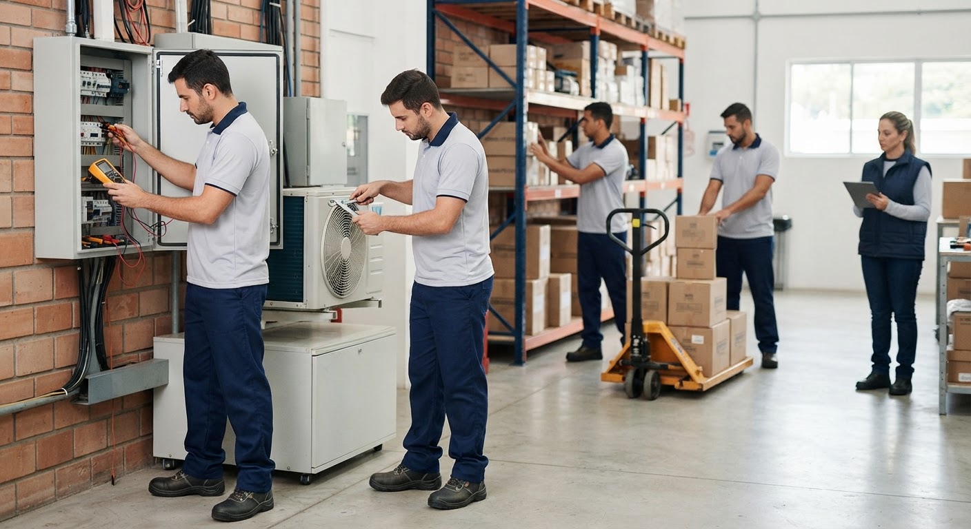 Auxiliar de logística atuando na organização e movimentação de mercadorias em galpão industrial