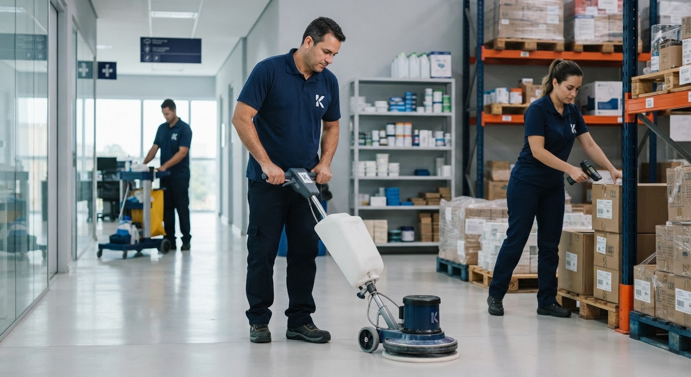 Profissional especializado realizando serviços de limpeza e conservação em escritório moderno