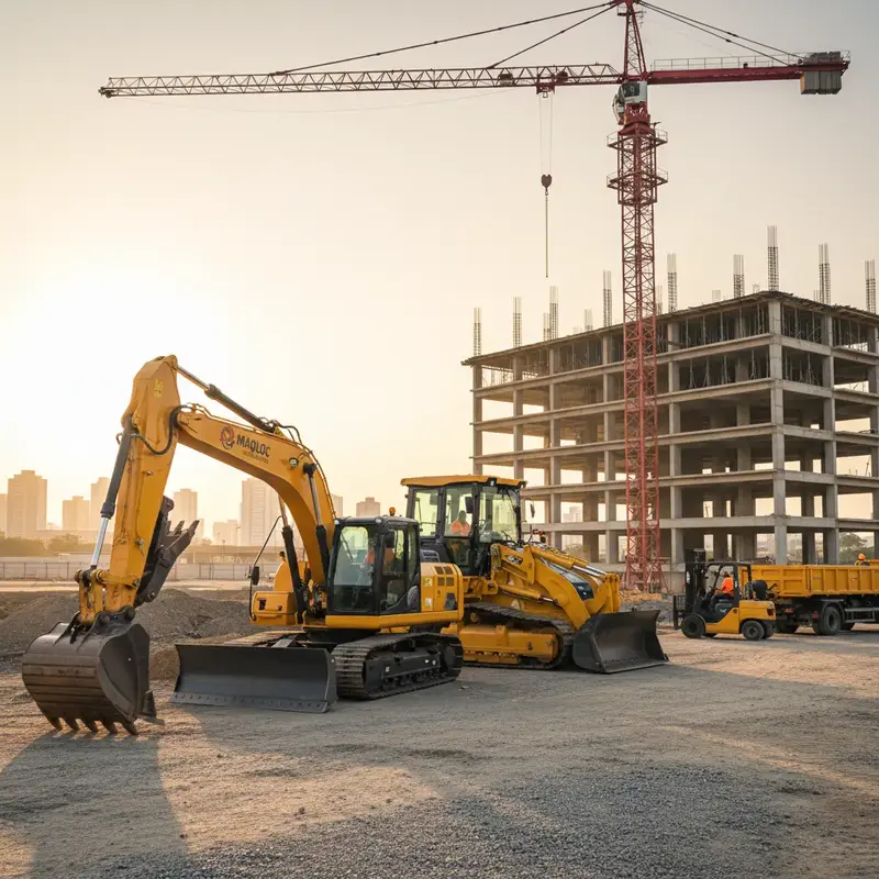 Diversos maquinários de construção civil, como retroescavadeiras e guindastes, prontos para locação.