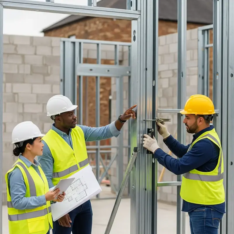Equipe de construção trabalhando rapidamente em uma estrutura Light Steel Frame.