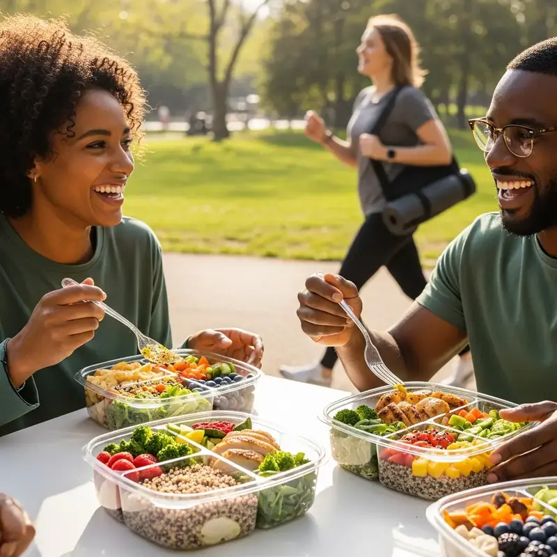 Nutricionista conversando com paciente em consultório, com frutas e vegetais na mesa.