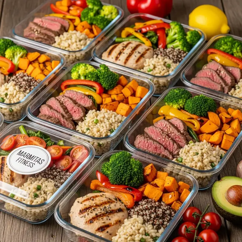 Marmita fitness bem apresentada com frango grelhado, brócolis e batata doce.