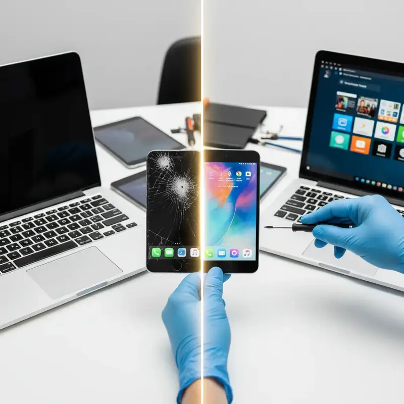 Tablet com a tela danificada sendo inspecionado por um técnico