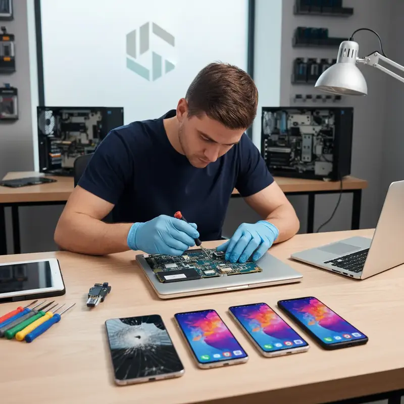 Notebook aberto em uma bancada de trabalho, com ferramentas de reparo