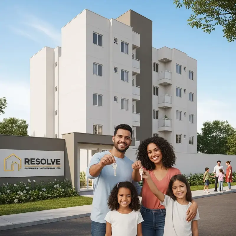 Fachada de um edifício de apartamentos modernos e bem iluminados.