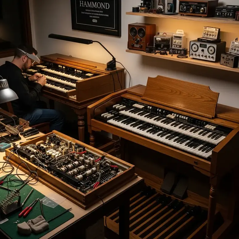 Técnico trabalhando em um circuito eletrônico de órgão vintage