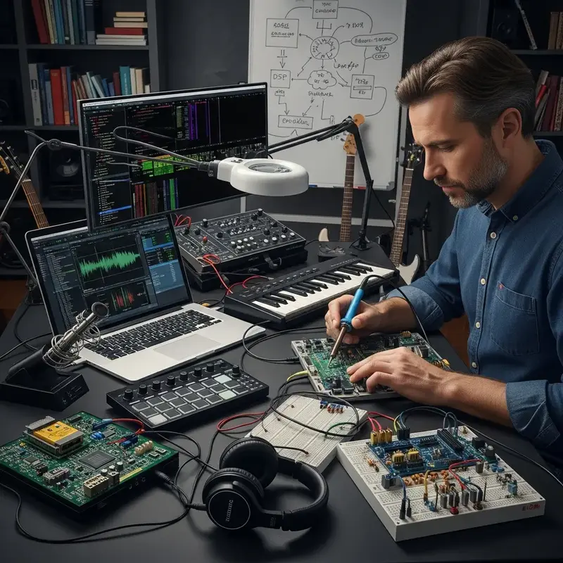 Músico e consultor discutindo sobre um órgão eletrônico