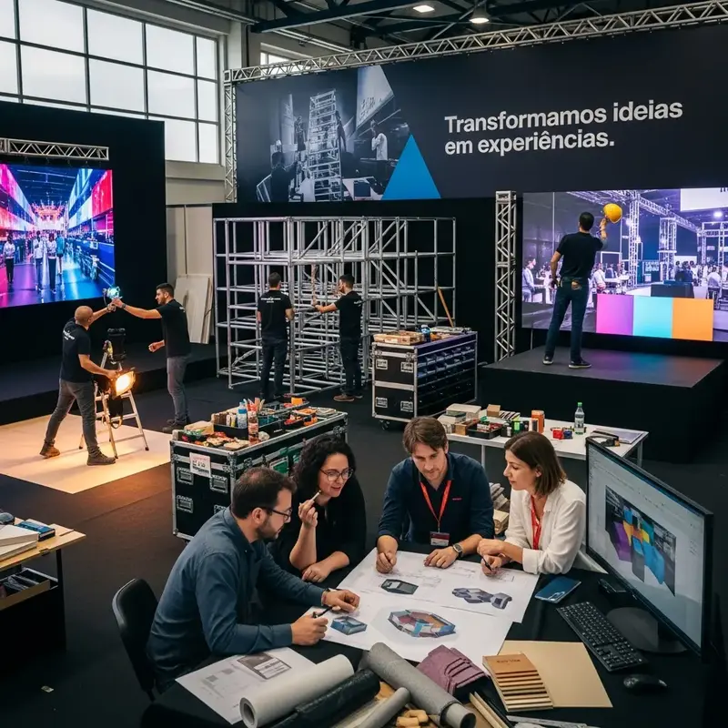 Stand de feira com design inovador e interativo, exibindo produtos e logotipo da empresa em destaque.