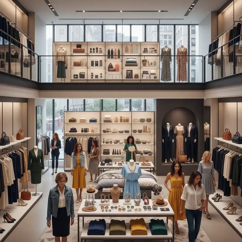 Variedade de acessórios de moda como bolsas, joias e óculos em um display sofisticado.