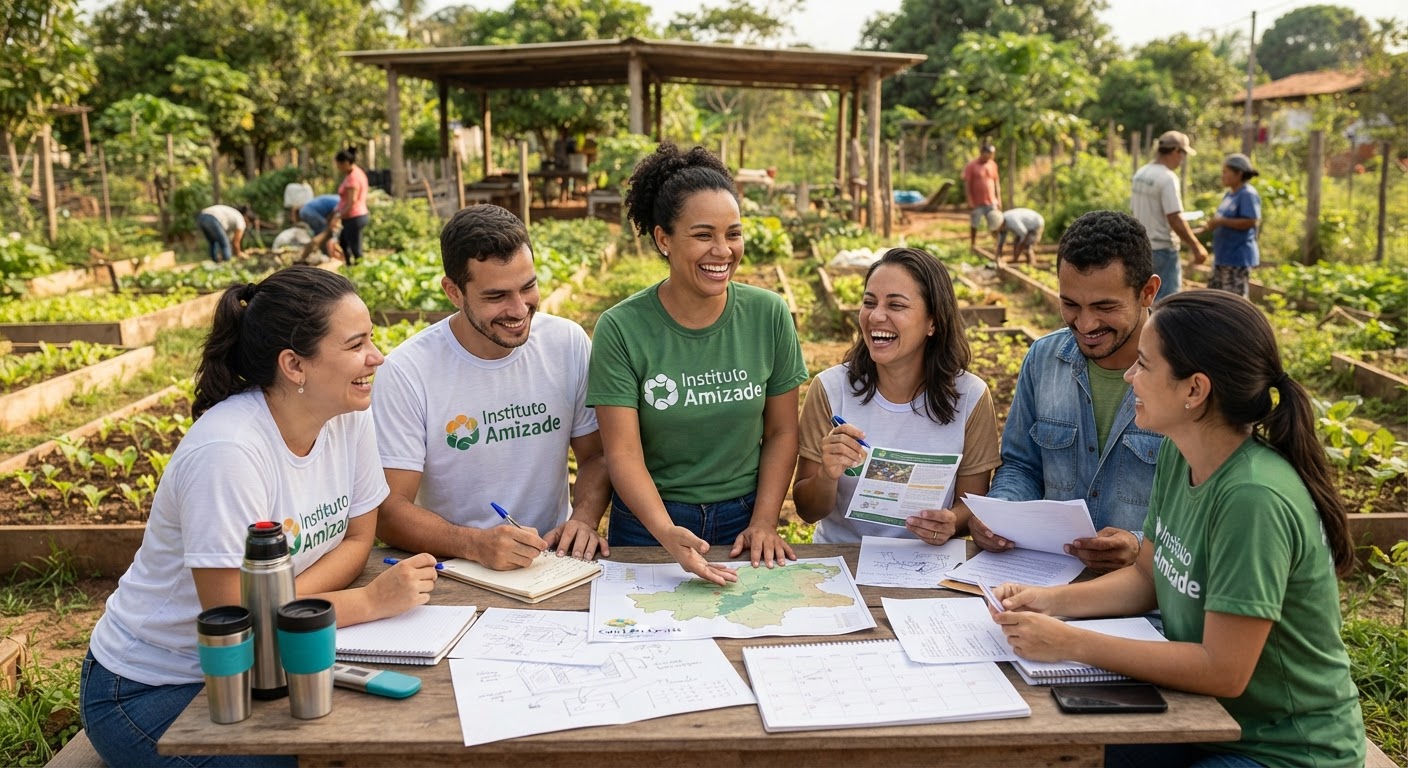 Voluntários distribuindo donativos e realizando atividades comunitárias