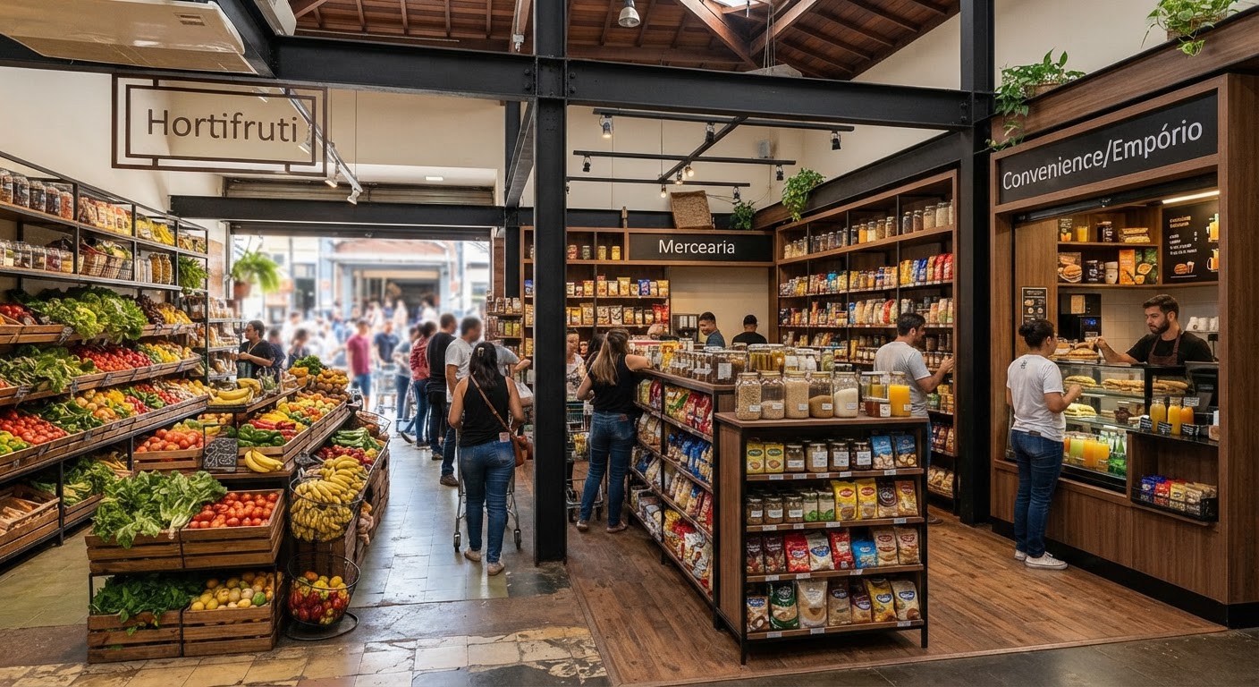 Detalhe de prateleiras com temperos selecionados, azeites e vinhos dispostos em uma seção moderna e rústica do Mercado da Treze.