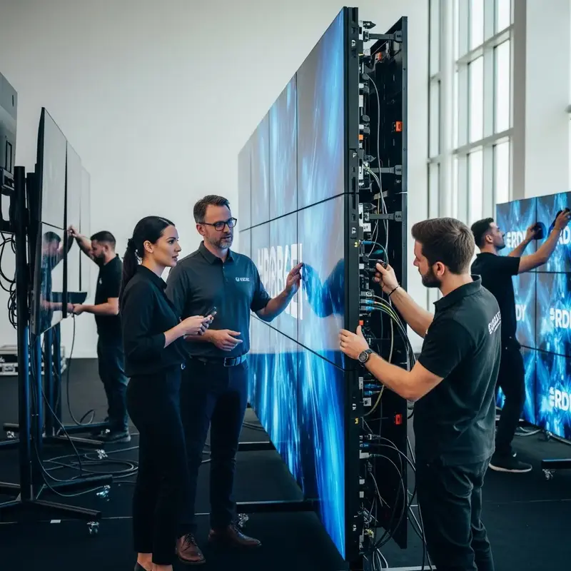 Close-up de um painel de controle de equipamentos audiovisuais modernos