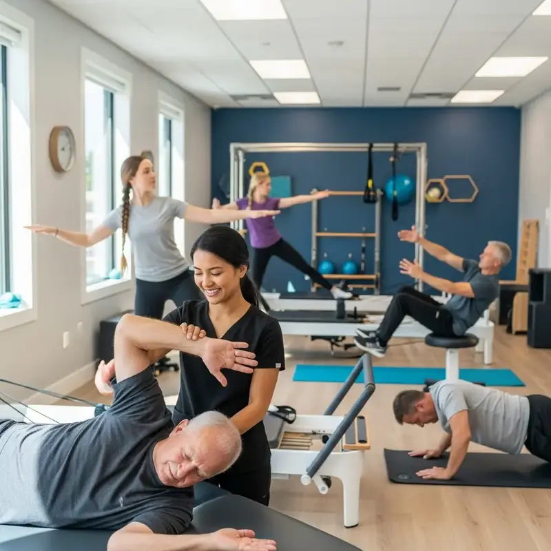 Instrutora de Pilates demonstrando um exercício com equipamento moderno em um estúdio bem iluminado.