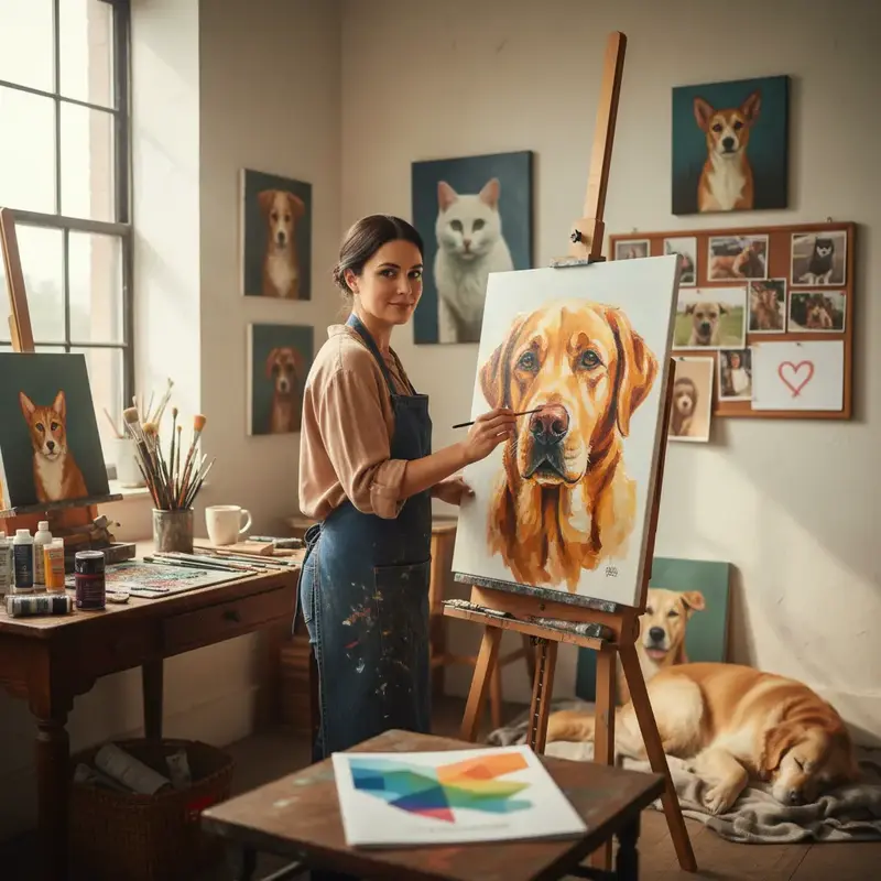 Pintura a óleo detalhada de um gato com olhos expressivos.
