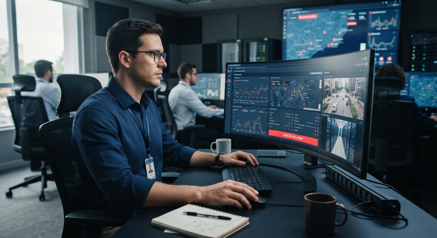 Profissional de segurança configurando aplicativo de monitoramento no smartphone em frente a monitores.