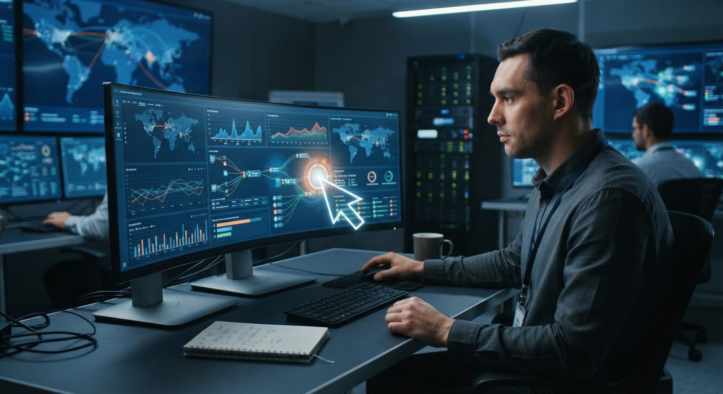 Central de controle com telas mostrando monitoramento de câmeras de segurança.