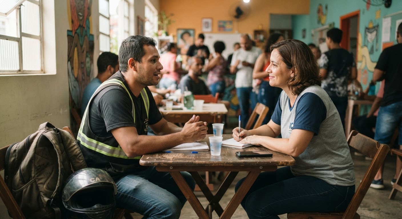 Roda de conversa e apoio emocional coletivo com profissionais de logística em um ponto de apoio.