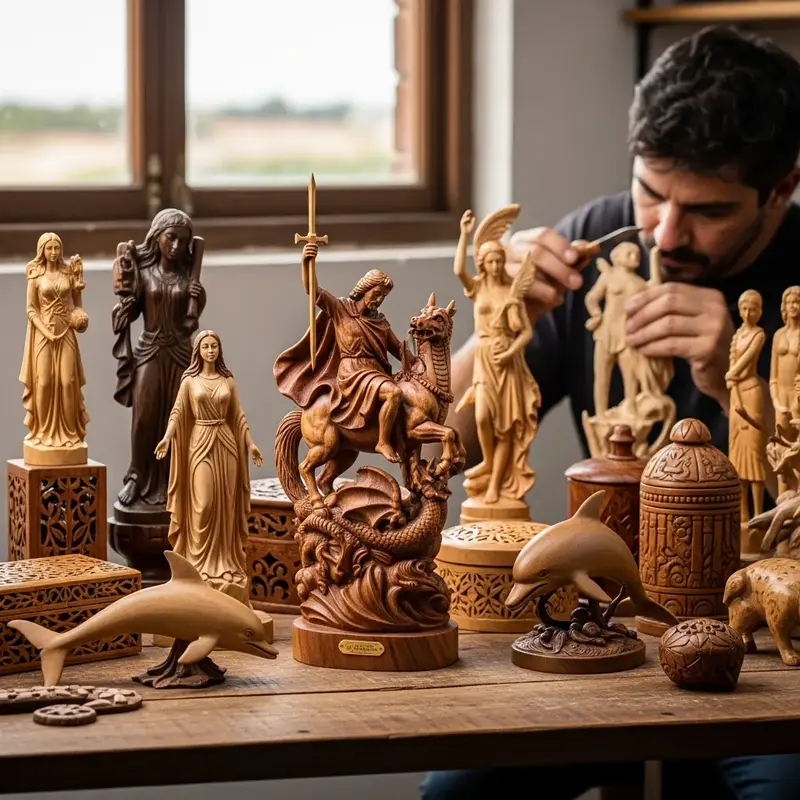 Mãos de artesão entalhando detalhe em peça de madeira, com ferramentas tradicionais e foco no trabalho manual.