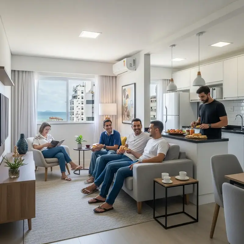 Cama de casal arrumada em um quarto com decoração clean
