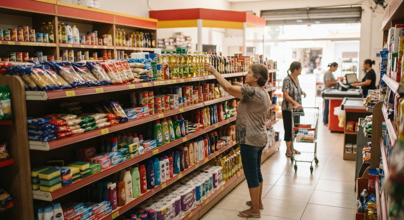 Produtos de limpeza doméstica alinhados em uma gôndola de mercado