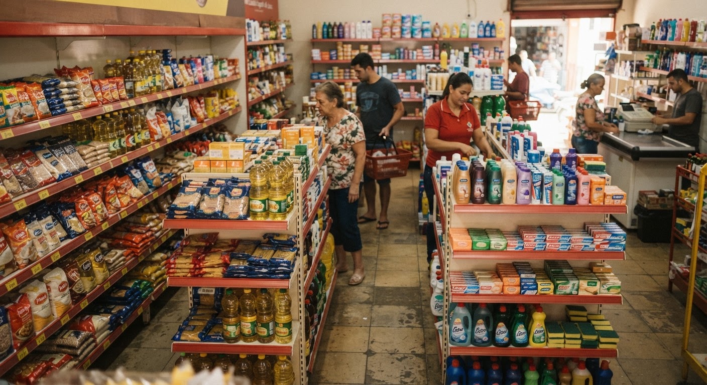 Prateleira com produtos de higiene pessoal como sabonetes e cremes de marcas variadas