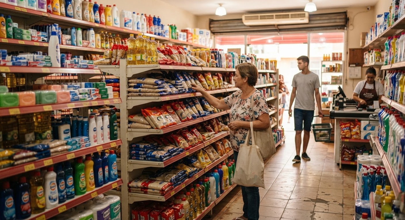 Cesta de alimentos básicos com arroz, feijão, café e óleo de cozinha