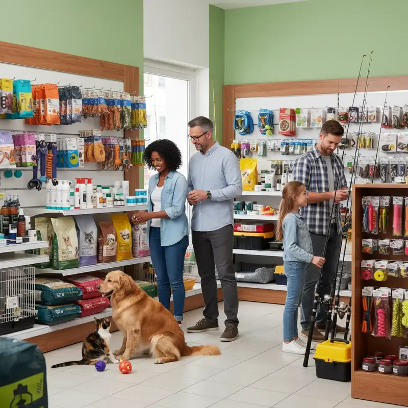 Coleiras coloridas, brinquedos e produtos de banho para pets.