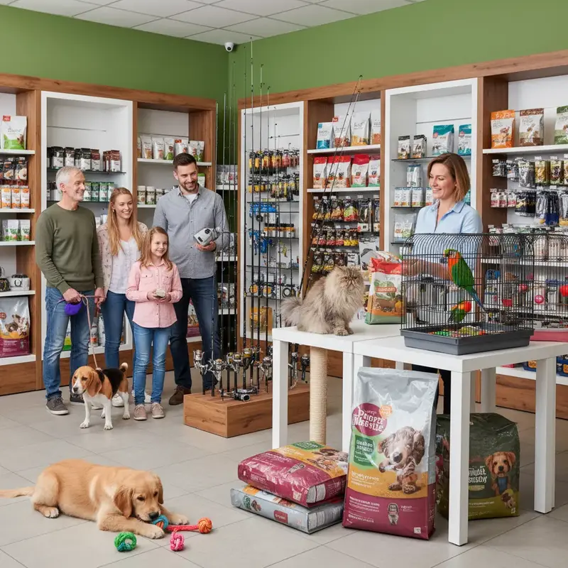 Variedade de produtos para pets e artigos de pesca organizados em uma prateleira.