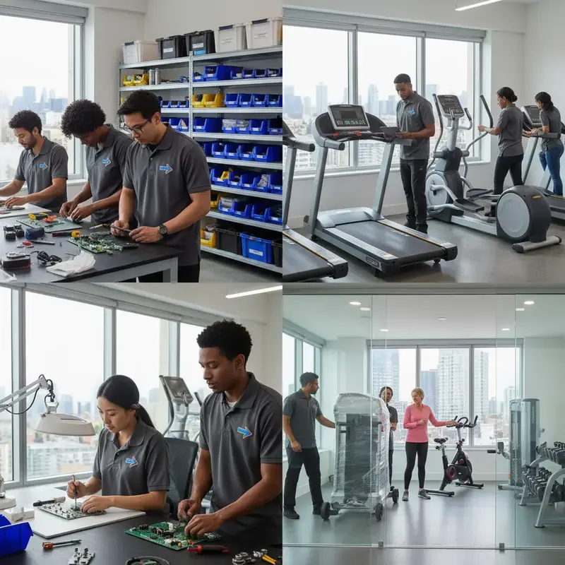Variedade de equipamentos de academia em exposição