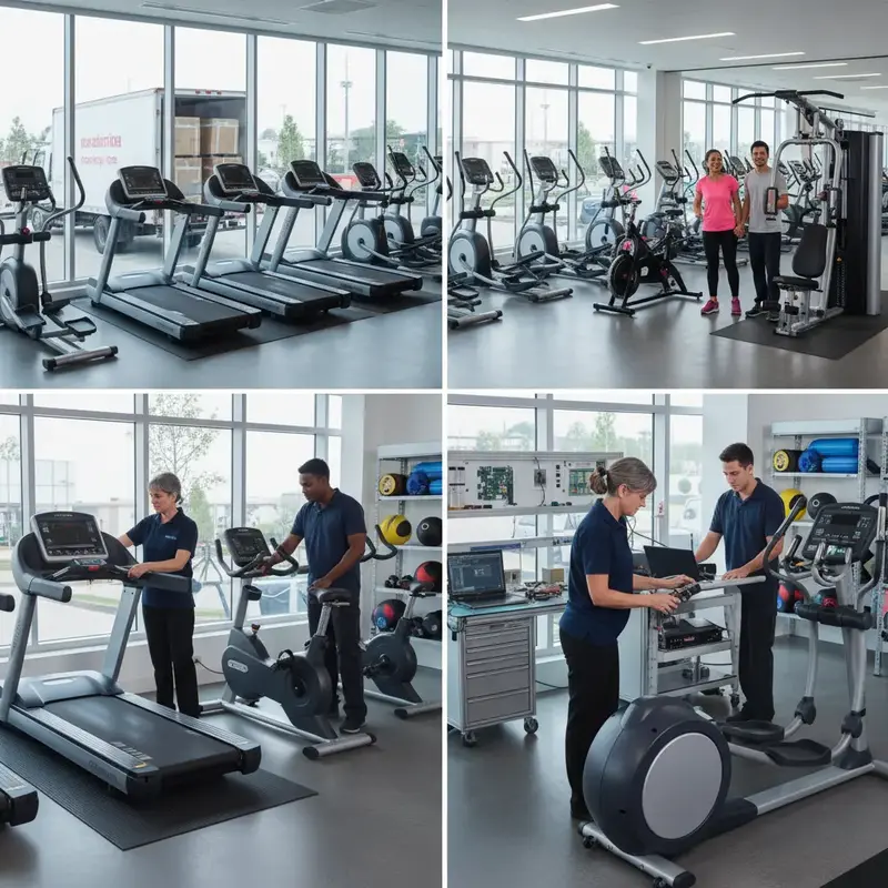 Equipe montando equipamentos de ginástica em um novo espaço