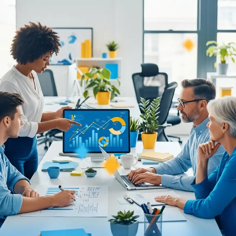 Ícones representando diferentes serviços de marketing digital, como engrenagens, redes sociais e um megafone.