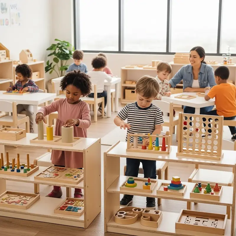 Duas crianças interagindo em um ambiente Montessori organizado e acolhedor