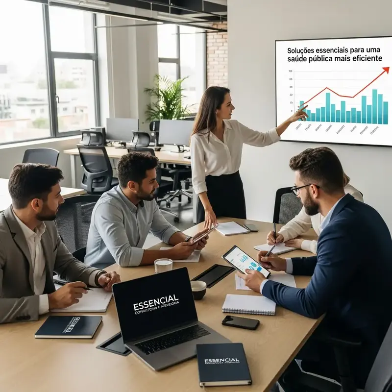Equipe de consultores discutindo estratégias de gestão de saúde em um ambiente colaborativo